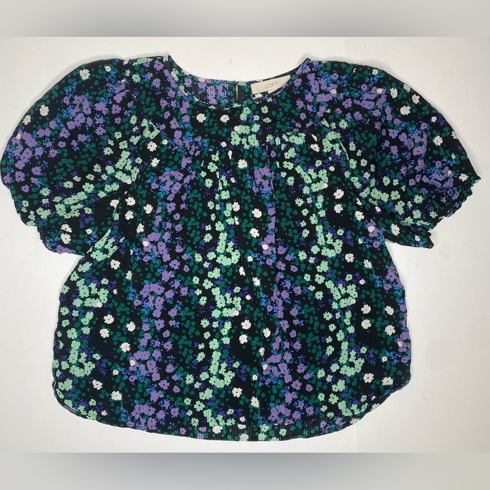 LOFT Floral Print Puff Sleeve Shirred Yoke Top Model Blend Sz Lg Like New